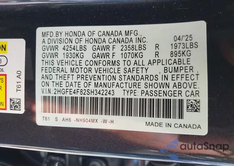 2025 Honda Civic Hybrid Sport/Sport Touring из США, поврежденный, VIN 2HGFE4F82SH342243